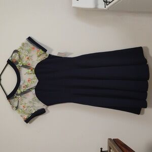 Ixia | Navy Babydoll Dress w Sheer Embroidered Floral Top | Women's L | NWT